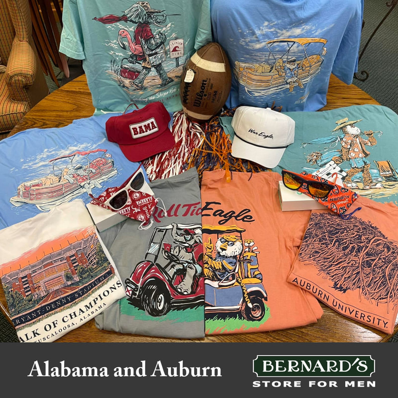 Alabama and Auburn Tees, hats, gear at Bernard's Store for Men