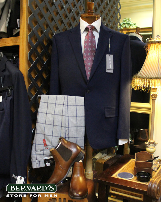 Navy Blue Blazer, Dress Shirts, Ties, Pocket Squares, Pants, Ankle boots at Bernard's Store for Men, Jasper, Alabama